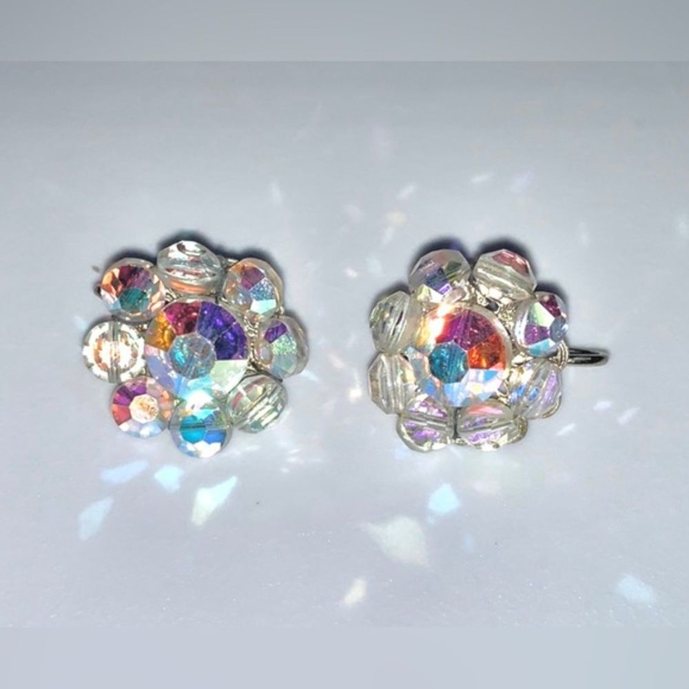 Vintage Aurora Borealis Clip On Clear Crystal Beaded Flower Earrings